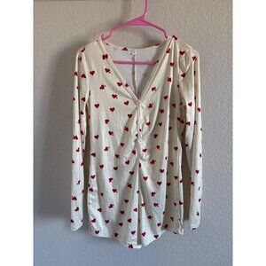 Hearts White and Red Long Sleeve Pajama Romper Valentines Day Womens Size Small